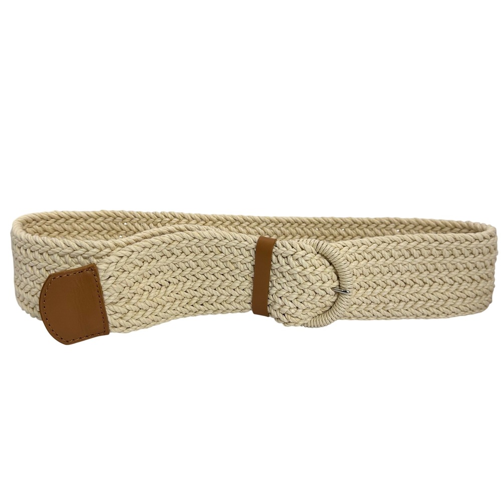 Talbots Womens Large Cream Woven Braided Rope Belt Brown Leather Trim 44" total